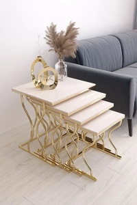Hayal 4'lü Kare Zigon Sehpa Seti Gold Ayak, Krem Mdf